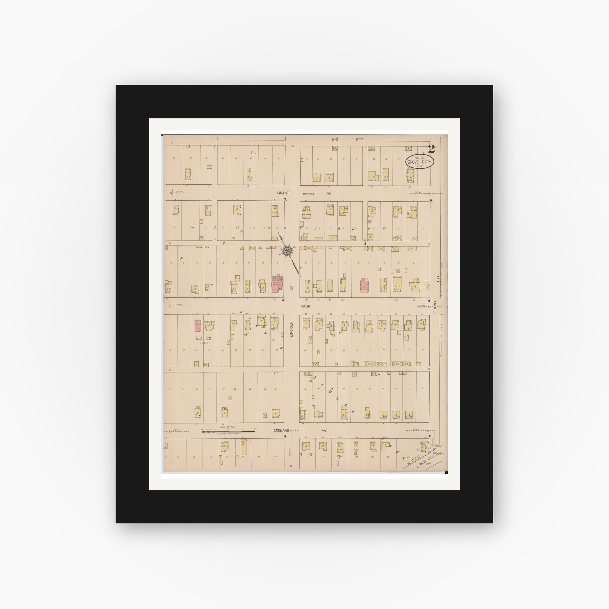Old map wall art mockup — black gallery frame with white mat — Sanborn Fire Insurance Map from Grove City, Franklin County, Ohio (1922), Sheet #0002