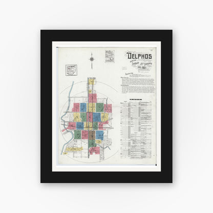 Old map wall art mockup — black gallery frame with white mat — Sanborn Fire Insurance Map from Delphos, Van Wert And Allen Counties, Ohio (1921), Sheet #0001