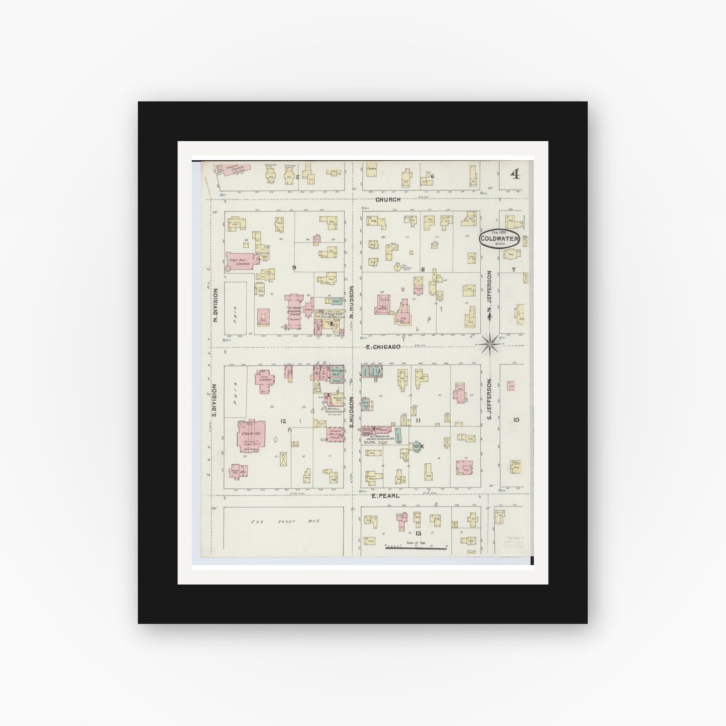 Old map wall art mockup — black gallery frame with white mat — Sanborn Fire Insurance Map from Coldwater, Branch County, Michigan (1891), Sheet #0004