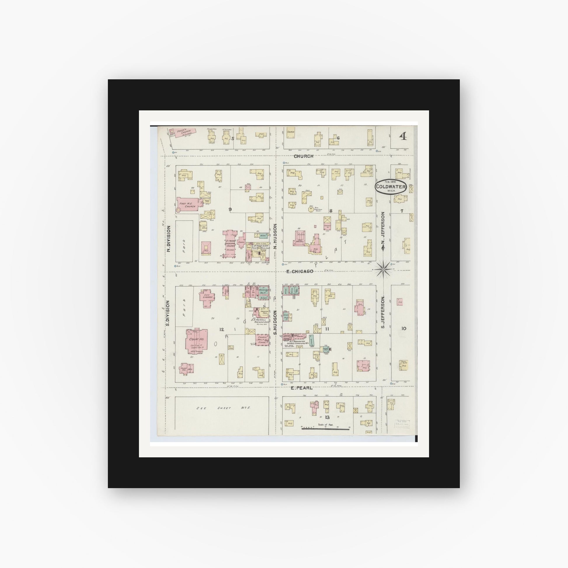 Old map wall art mockup — black gallery frame with white mat — Sanborn Fire Insurance Map from Coldwater, Branch County, Michigan (1891), Sheet #0004