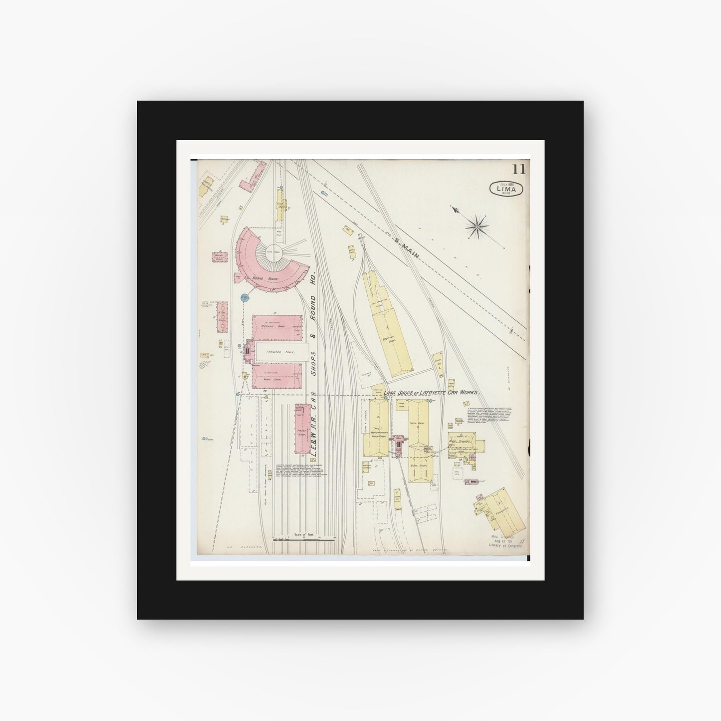Old map wall art mockup — black gallery frame with white mat — Sanborn Fire Insurance Map from Lima, Allen County, Ohio (1887), Sheet #0011