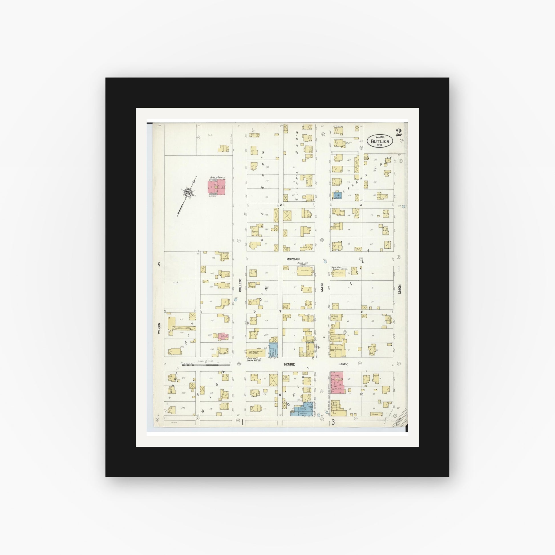 Old map wall art mockup — black gallery frame with white mat — Sanborn Fire Insurance Map from Butler, Richland County, Ohio (1912), Sheet #0002