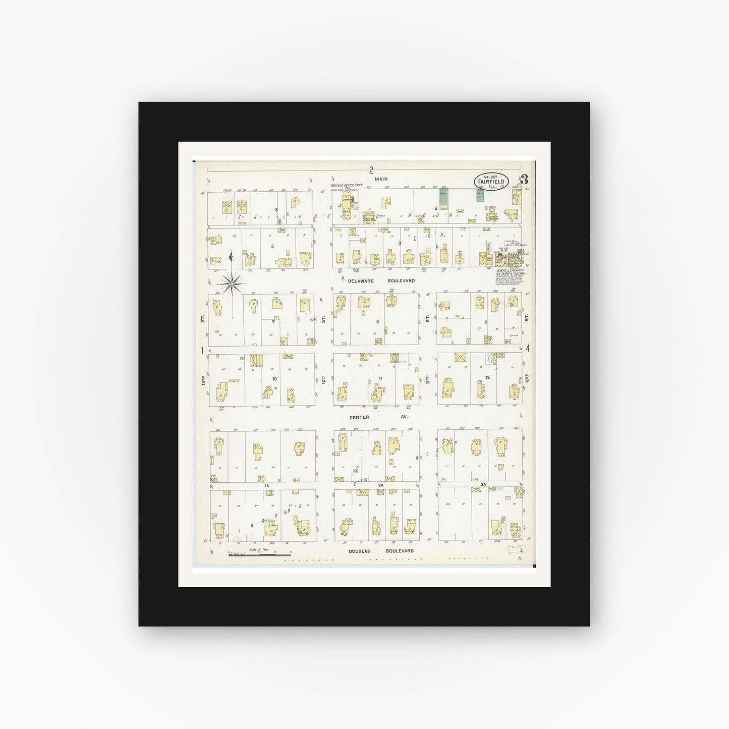 Old map wall art mockup — black gallery frame with white mat — Sanborn Fire Insurance Map from Fairfield, Wayne County, Illinois (1907), Sheet #0003