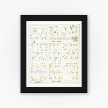 Old map wall art mockup — black gallery frame with white mat — Sanborn Fire Insurance Map from Fairfield, Wayne County, Illinois (1907), Sheet #0003
