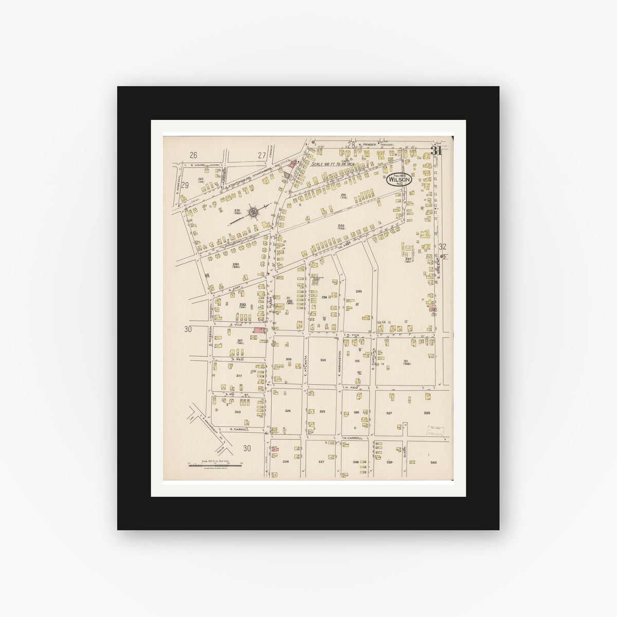 Old map wall art mockup — black gallery frame with white mat — Sanborn Fire Insurance Map from Wilson, Wilson County, North Carolina (1922), Sheet #0031