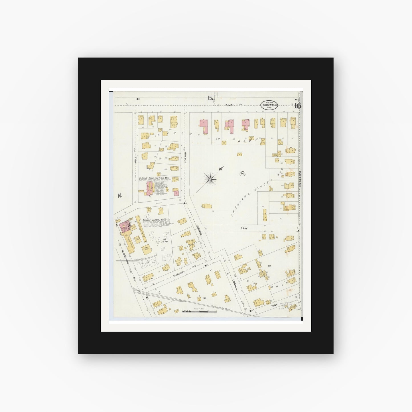 Old map wall art mockup — black gallery frame with white mat — Sanborn Fire Insurance Map from Norwalk, Huron County, Ohio (1906), Sheet #0016