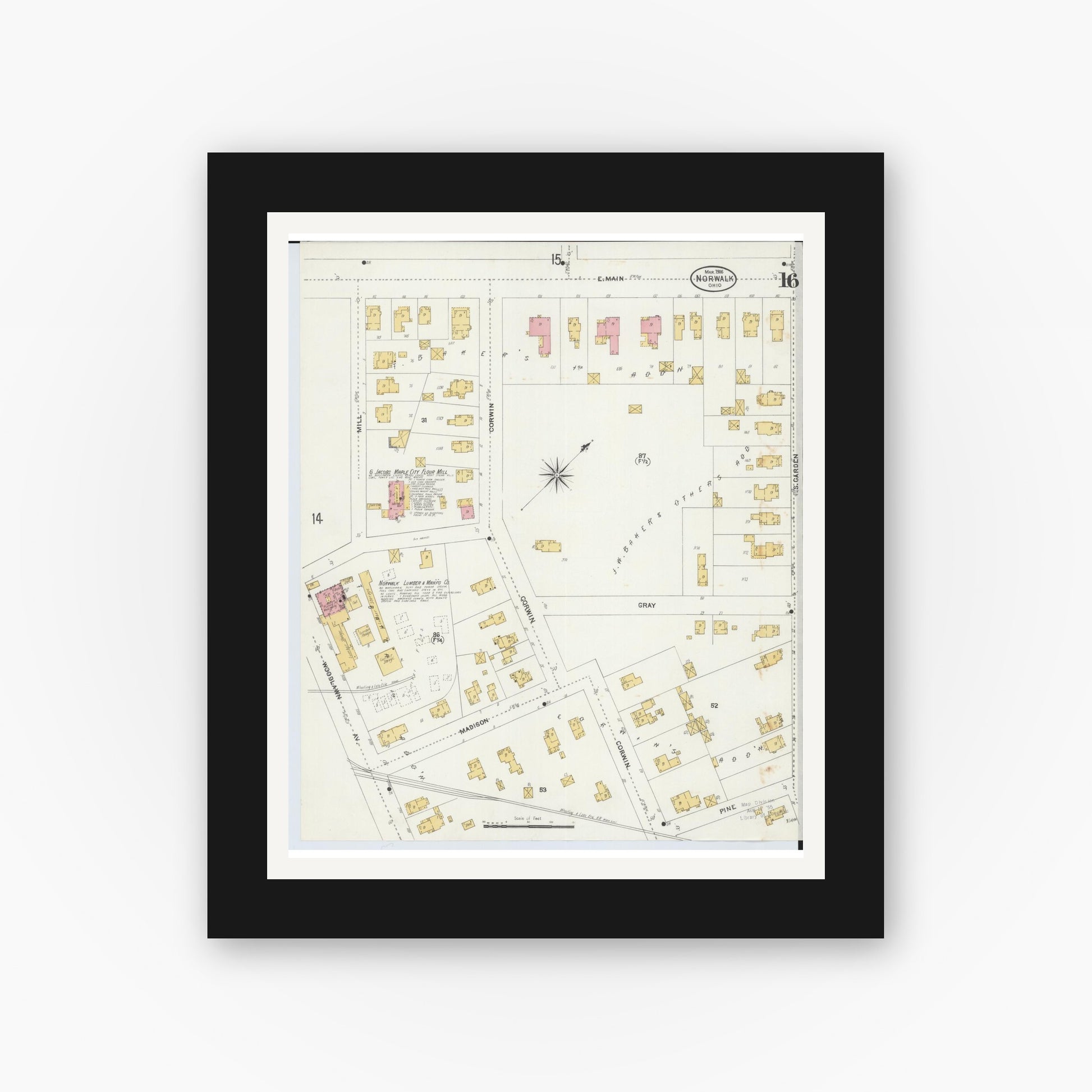 Old map wall art mockup — black gallery frame with white mat — Sanborn Fire Insurance Map from Norwalk, Huron County, Ohio (1906), Sheet #0016