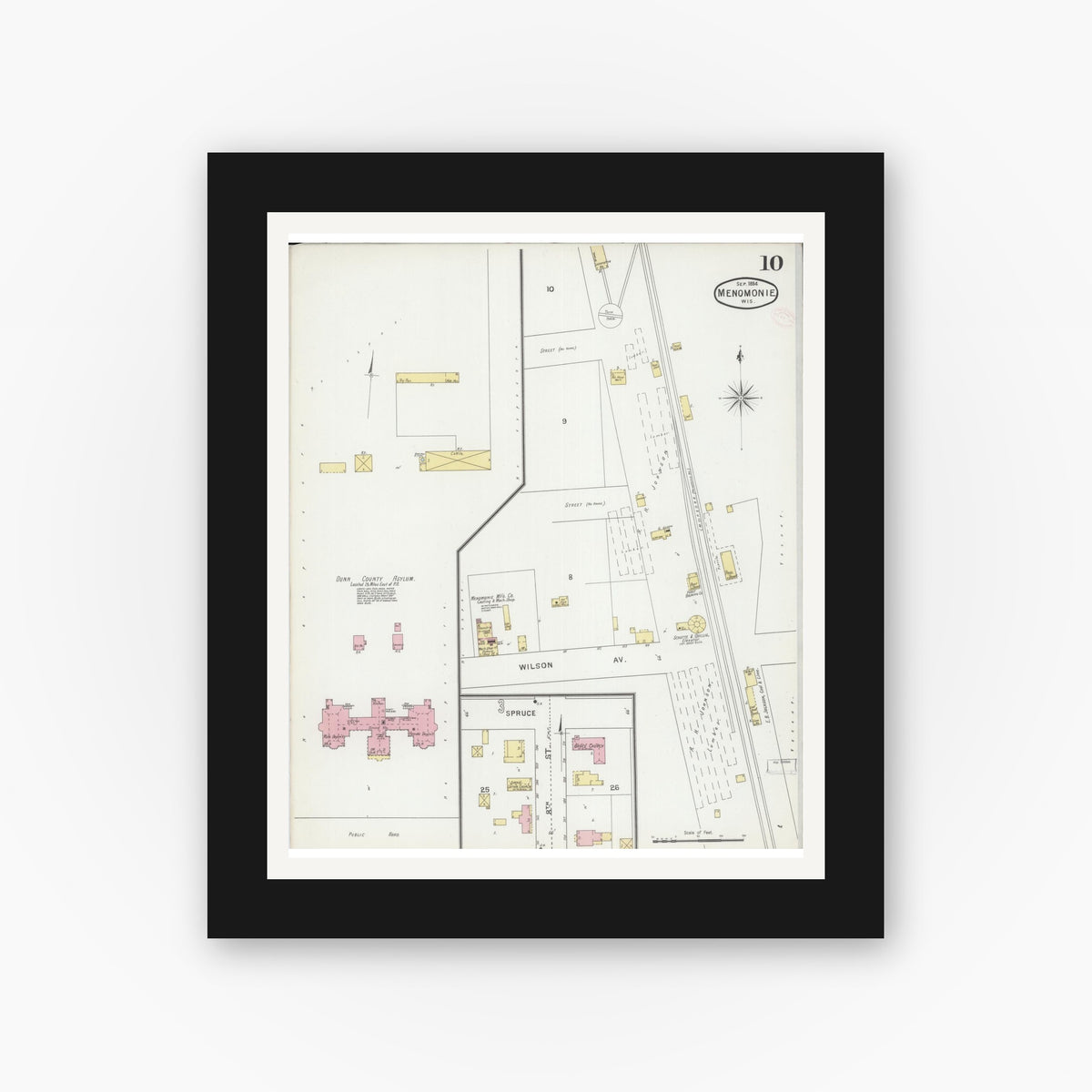 Old map wall art mockup — black gallery frame with white mat — Sanborn Fire Insurance Map from Menomonie, Dunn County, Wisconsin (1894), Sheet #0010