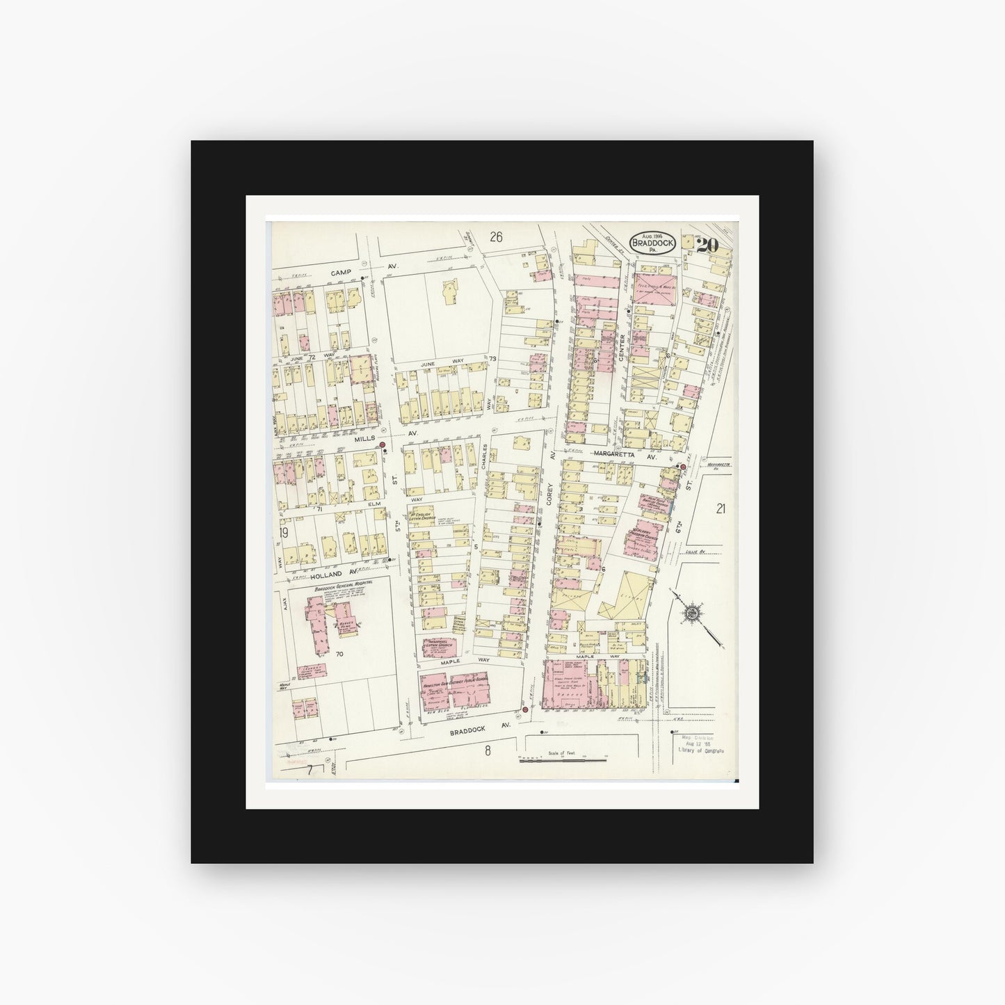 Old map wall art mockup — black gallery frame with white mat — Sanborn Fire Insurance Map from Braddock, Allegheny County, Pennsylvania (1914), Sheet #0020