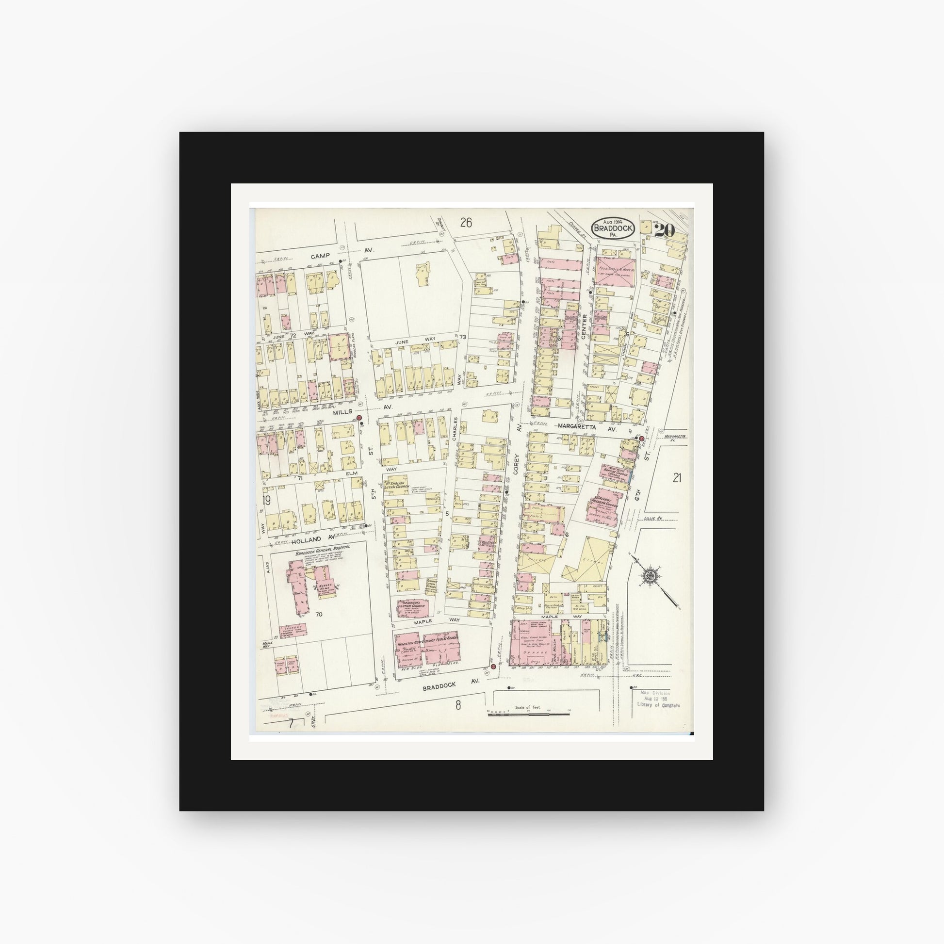 Old map wall art mockup — black gallery frame with white mat — Sanborn Fire Insurance Map from Braddock, Allegheny County, Pennsylvania (1914), Sheet #0020