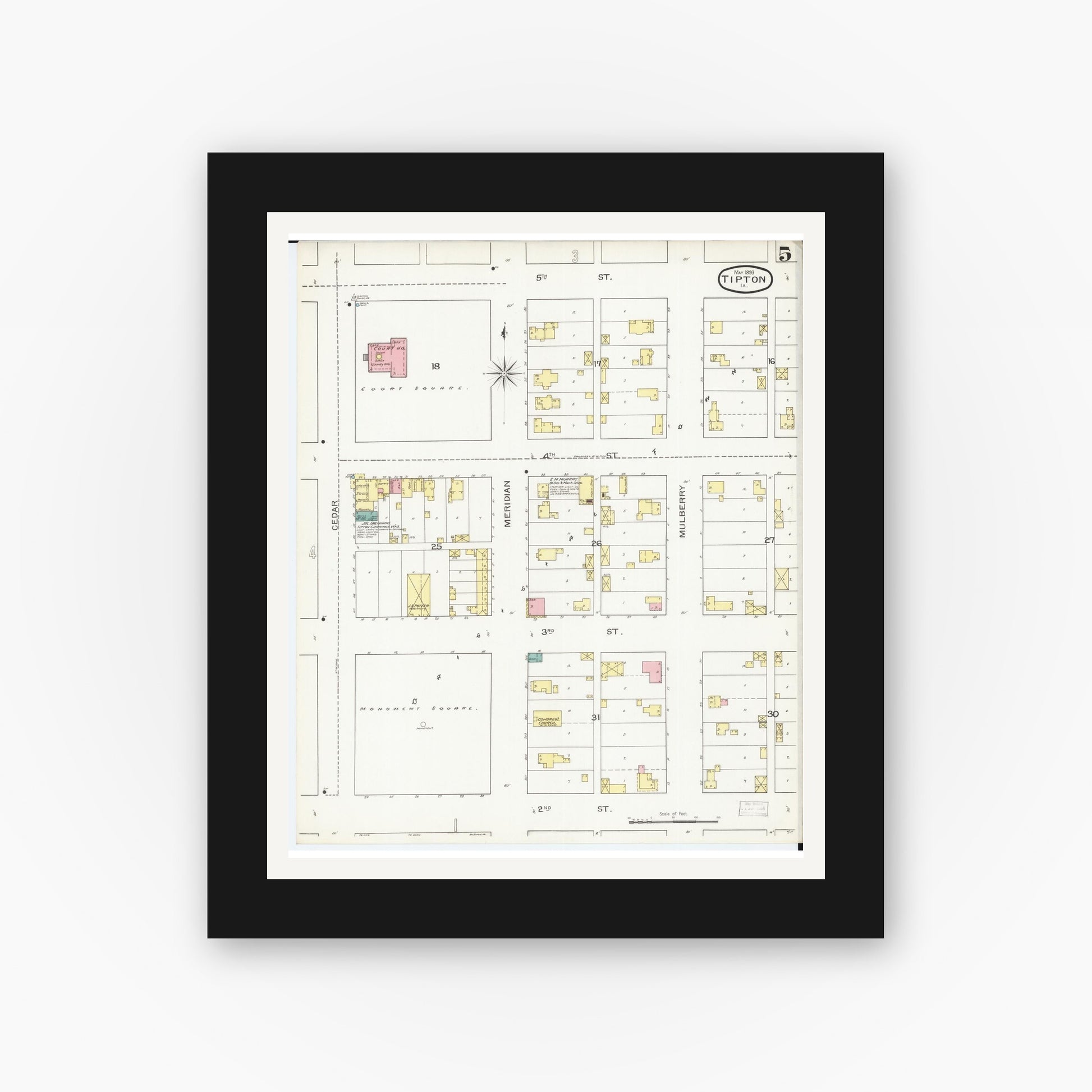 Old map wall art mockup — black gallery frame with white mat — Sanborn Fire Insurance Map from Tipton, Cedar County, Iowa (1893), Sheet #0005