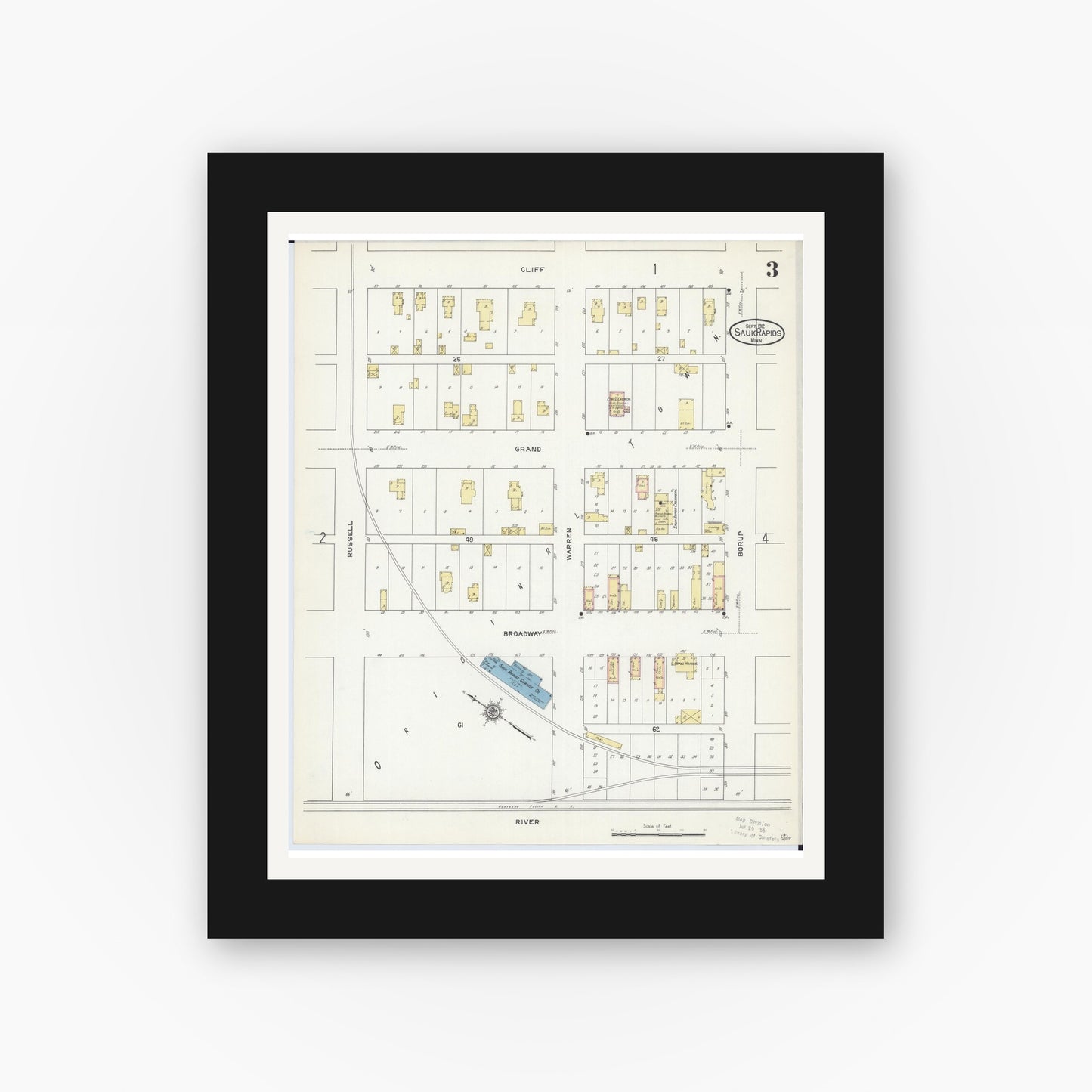 Old map wall art mockup — black gallery frame with white mat — Sanborn Fire Insurance Map from Sauk Rapids, Benton County, Minnesota (1912), Sheet #0003