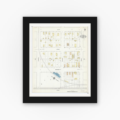 Old map wall art mockup — black gallery frame with white mat — Sanborn Fire Insurance Map from Sauk Rapids, Benton County, Minnesota (1912), Sheet #0003