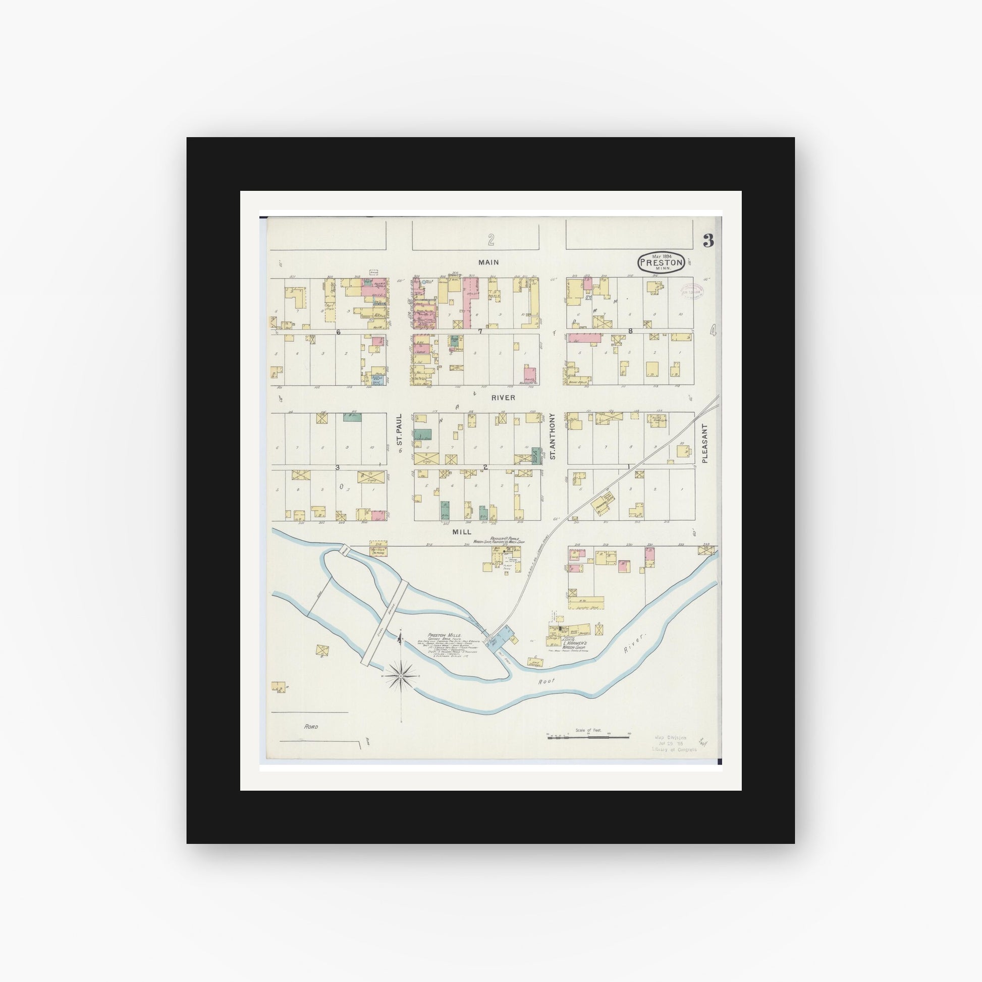 Old map wall art mockup — black gallery frame with white mat — Sanborn Fire Insurance Map from Preston, Fillmore County, Minnesota (1894), Sheet #0003