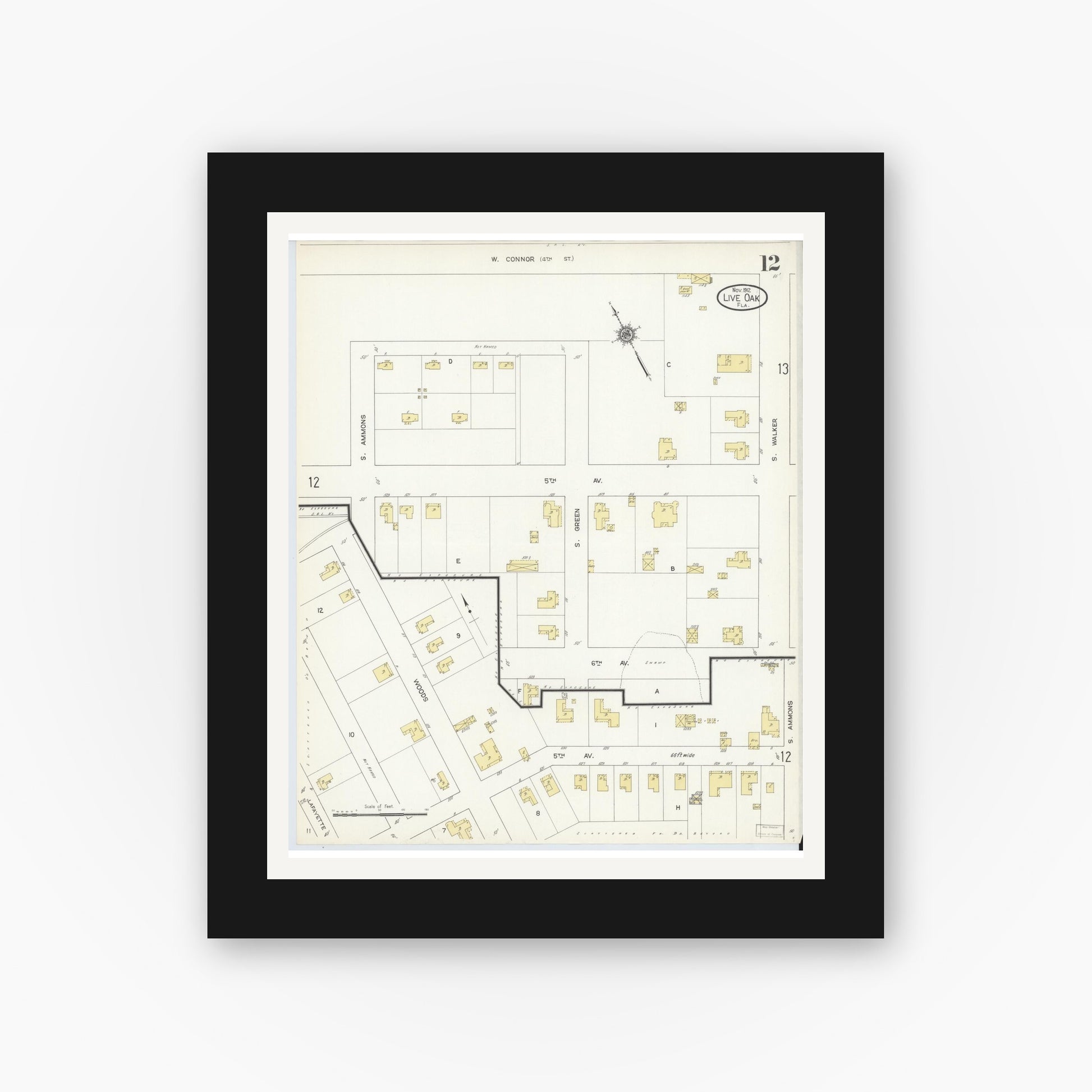Old map wall art mockup — black gallery frame with white mat — Sanborn Fire Insurance Map from Live Oak, Suwanee County, Florida (1912), Sheet #0012