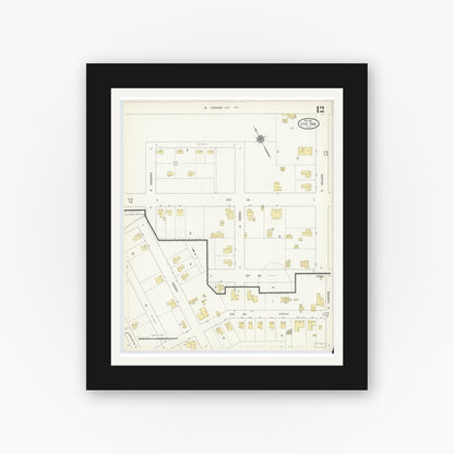 Old map wall art mockup — black gallery frame with white mat — Sanborn Fire Insurance Map from Live Oak, Suwanee County, Florida (1912), Sheet #0012