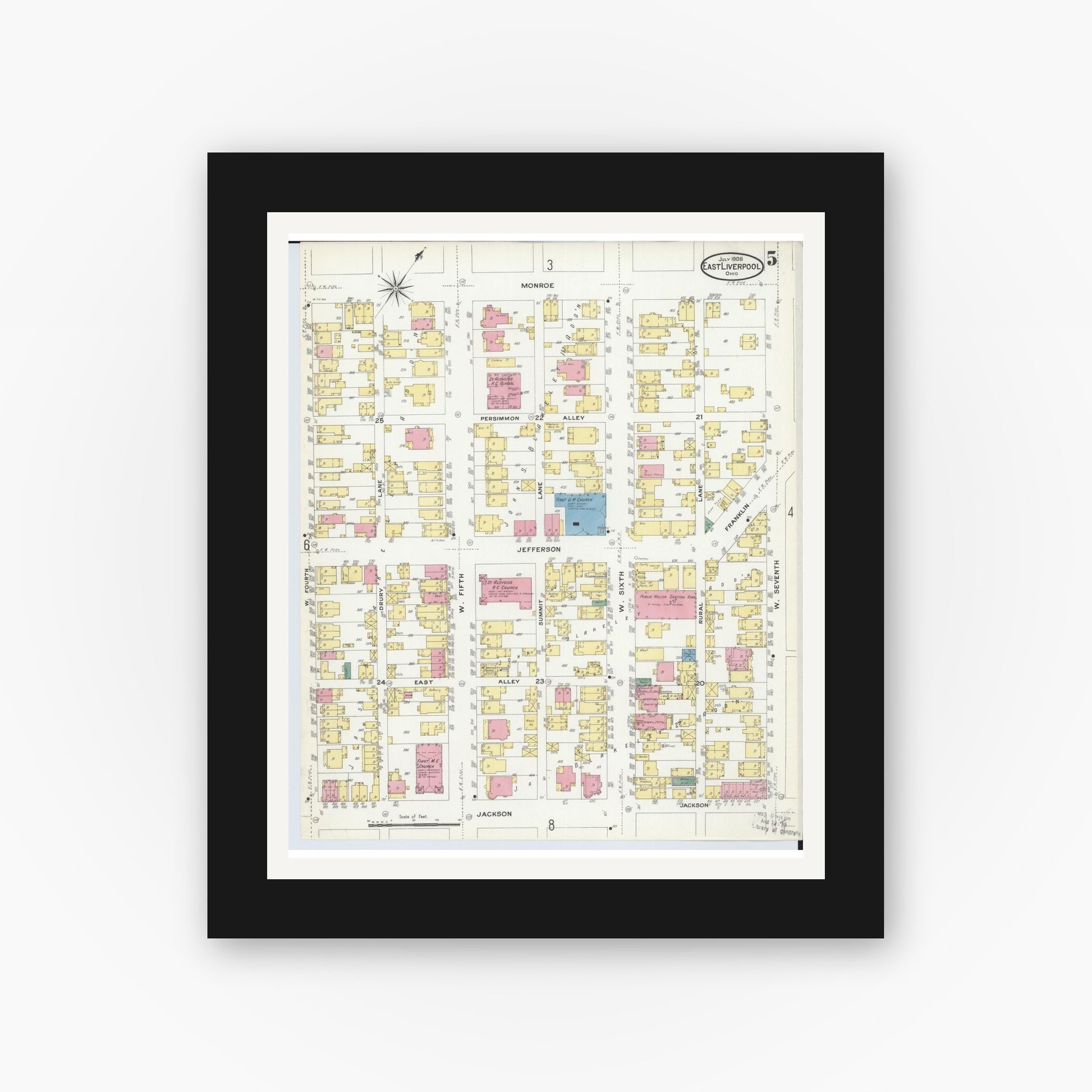 Old map wall art mockup — black gallery frame with white mat — Sanborn Fire Insurance Map from East Liverpool, Columbiana County, Ohio (1908), Sheet #0005