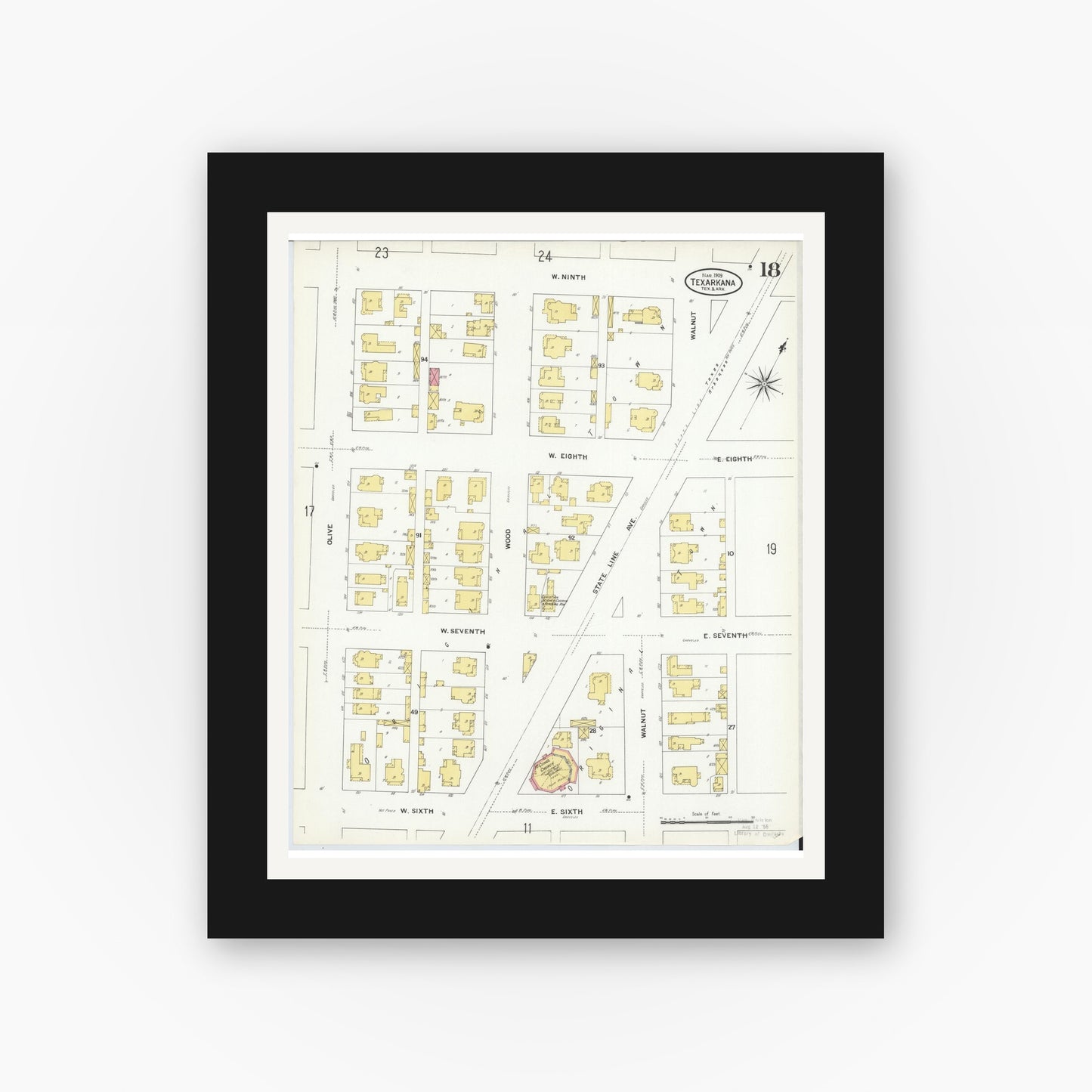 Old map wall art mockup — black gallery frame with white mat — Sanborn Fire Insurance Map from Texarkana, Bowie County, Texas (1909), Sheet #0018