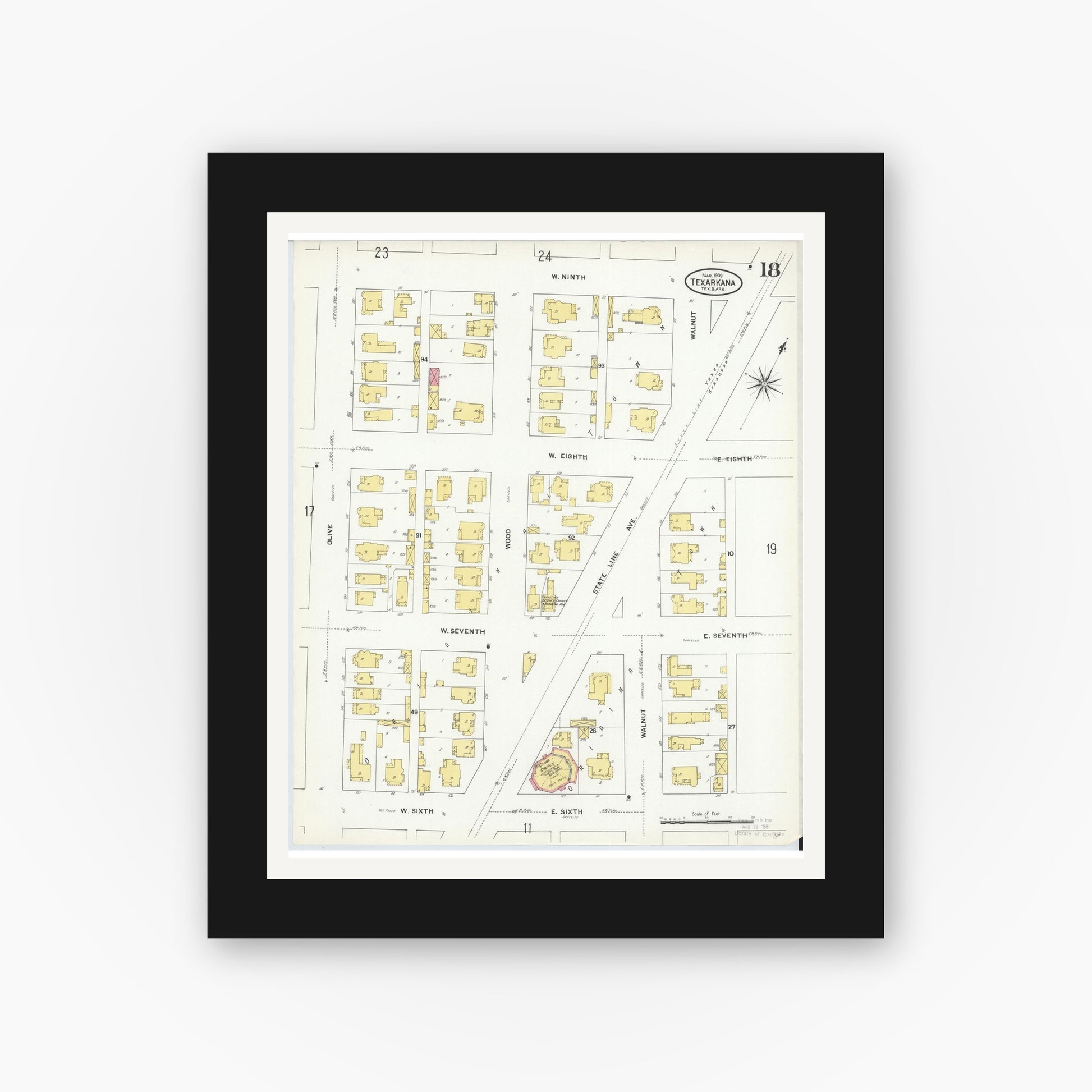 Old map wall art mockup — black gallery frame with white mat — Sanborn Fire Insurance Map from Texarkana, Bowie County, Texas (1909), Sheet #0018