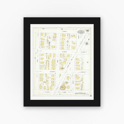 Old map wall art mockup — black gallery frame with white mat — Sanborn Fire Insurance Map from Texarkana, Bowie County, Texas (1909), Sheet #0018