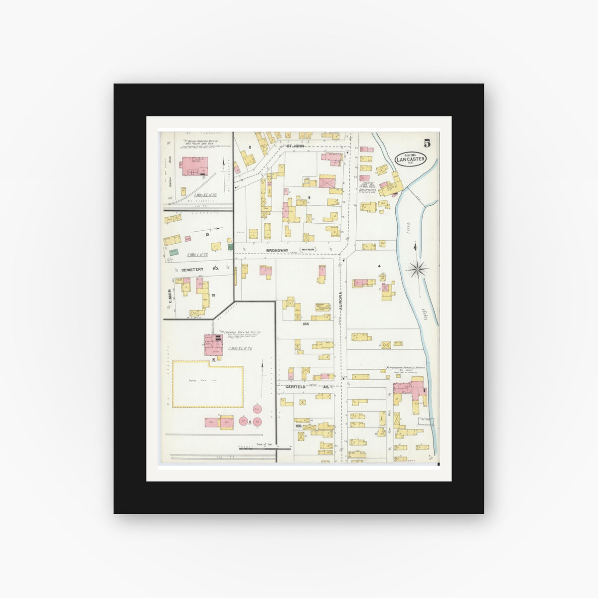 Old map wall art mockup — black gallery frame with white mat — Sanborn Fire Insurance Map from Lancaster, Erie County, New York (1904), Sheet #0005