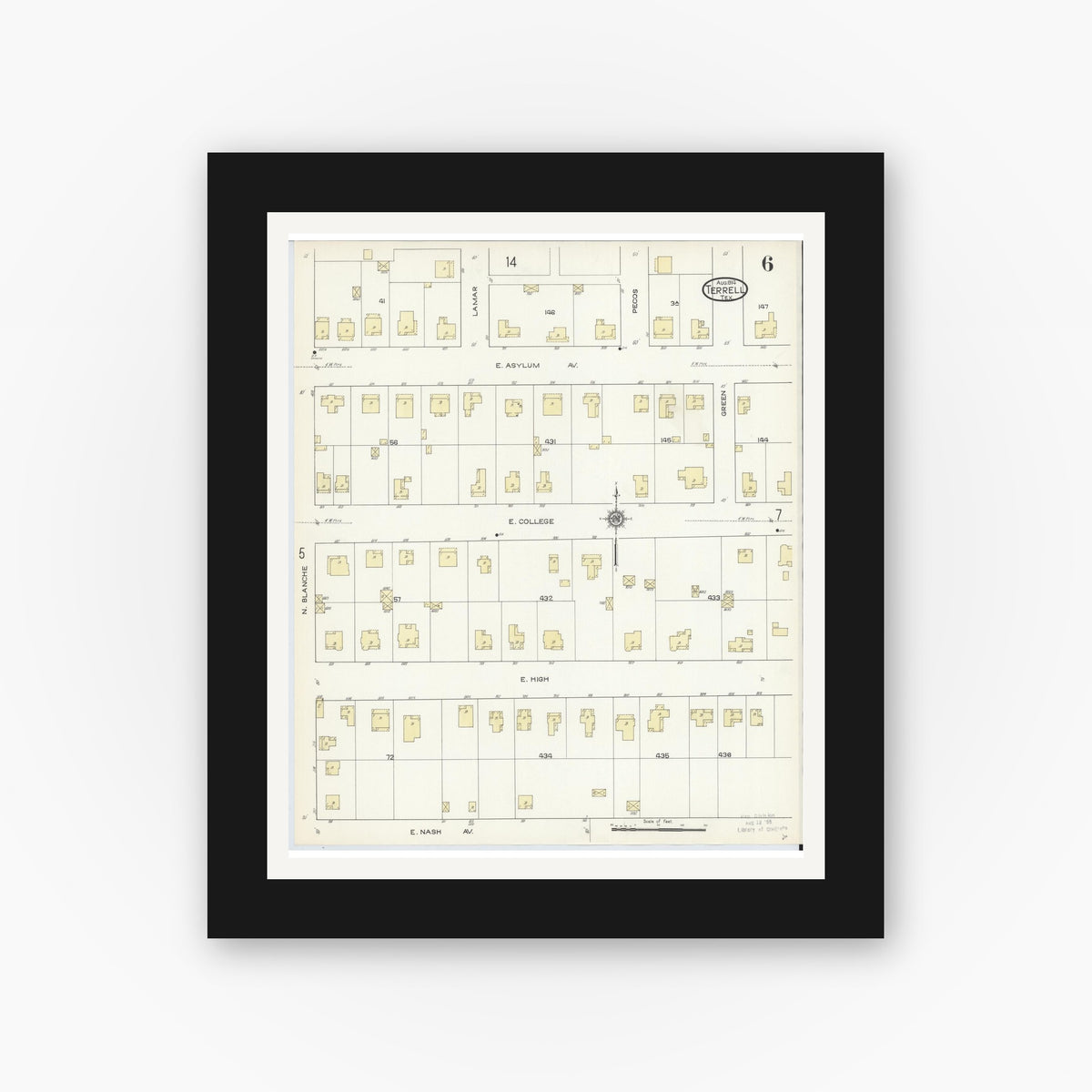 Old map wall art mockup — black gallery frame with white mat — Sanborn Fire Insurance Map from Terrell, Kaufman County, Texas (1914), Sheet #0006