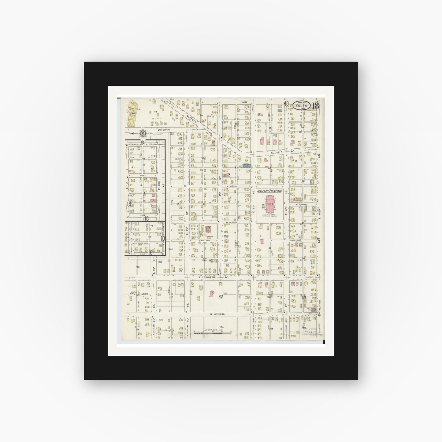 Old map wall art mockup — black gallery frame with white mat — Sanborn Fire Insurance Map from Salem, Columbiana County, Ohio (1915), Sheet #0018