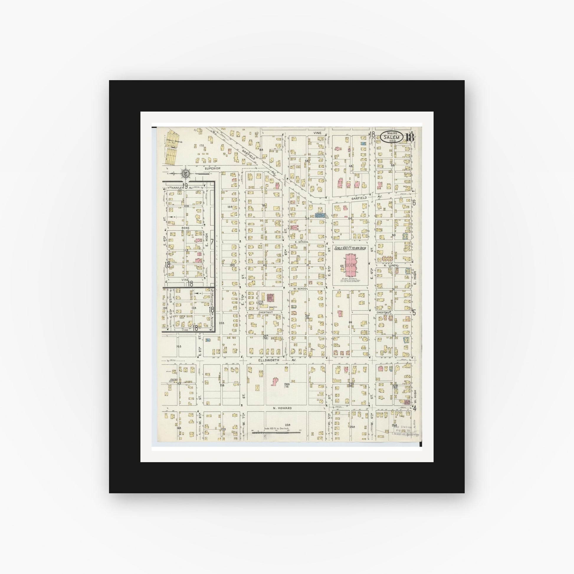 Old map wall art mockup — black gallery frame with white mat — Sanborn Fire Insurance Map from Salem, Columbiana County, Ohio (1915), Sheet #0018