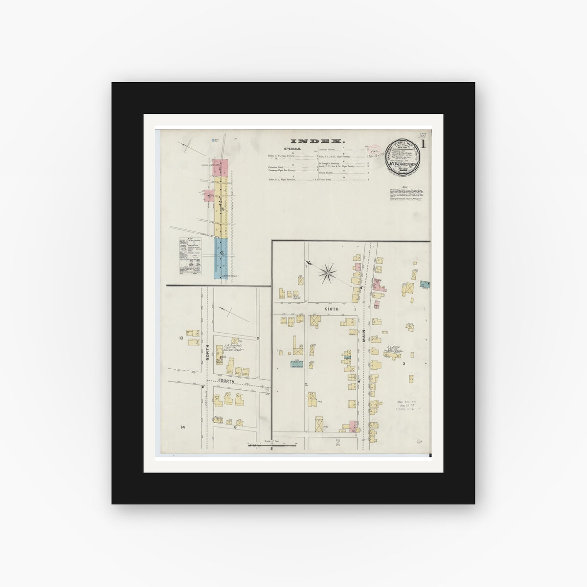 Old map wall art mockup — black gallery frame with white mat — Sanborn Fire Insurance Map from McSherrystown, Adams County, Pennsylvania (1894) - Complete Map Set