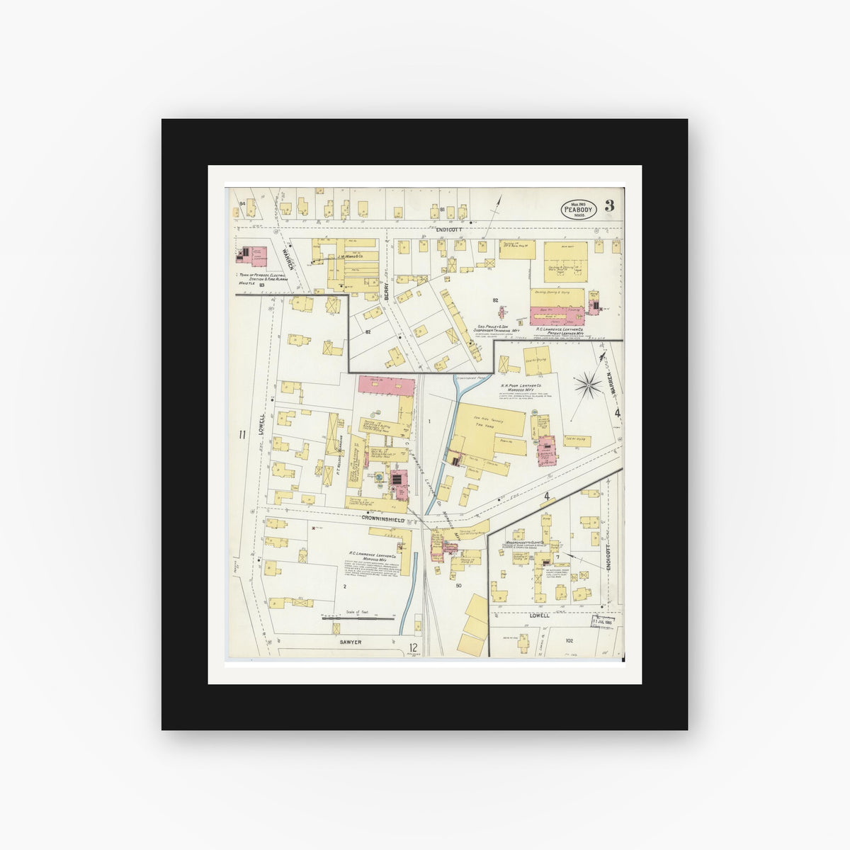 Old map wall art mockup — black gallery frame with white mat — Sanborn Fire Insurance Map from Peabody, Essex County, Massachusetts (1903), Sheet #0003