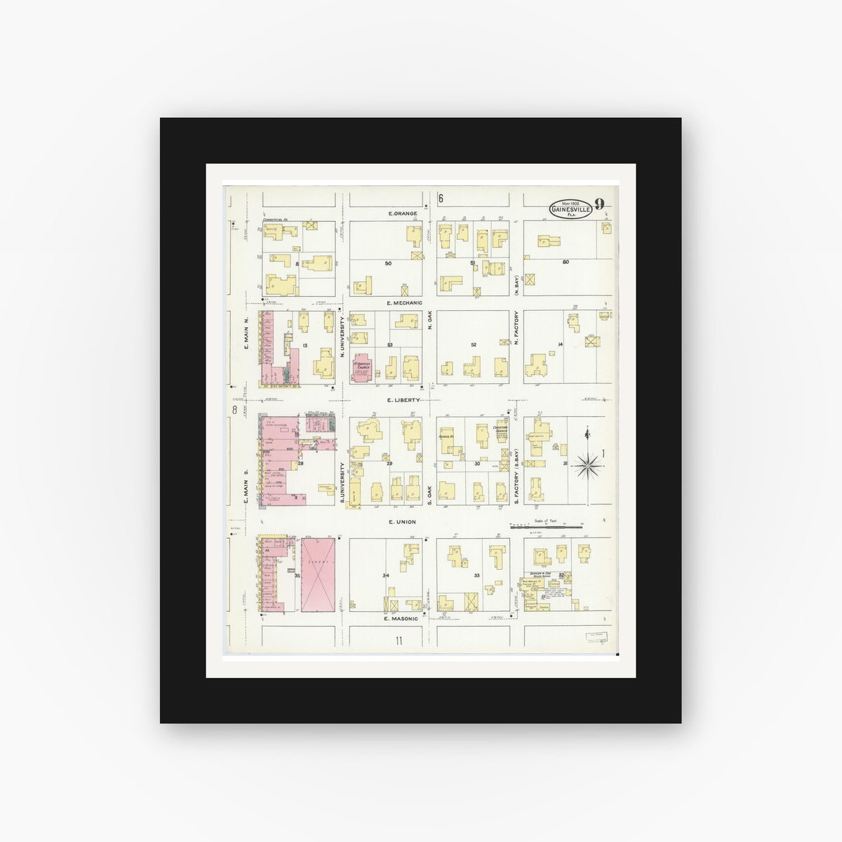 Old map wall art mockup — black gallery frame with white mat — Sanborn Fire Insurance Map from Gainesville, Alachua County, Florida (1909), Sheet #0009