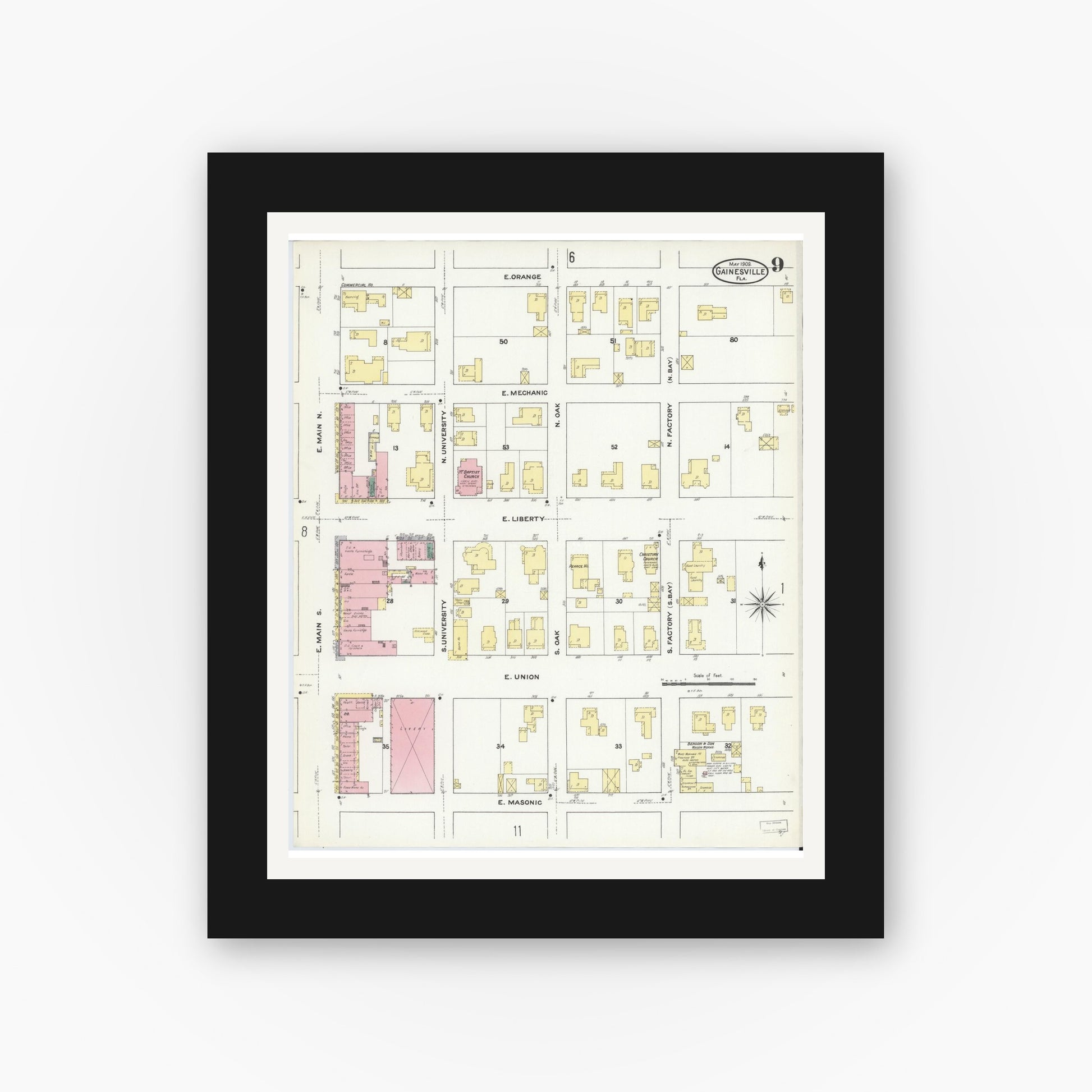 Old map wall art mockup — black gallery frame with white mat — Sanborn Fire Insurance Map from Gainesville, Alachua County, Florida (1909), Sheet #0009
