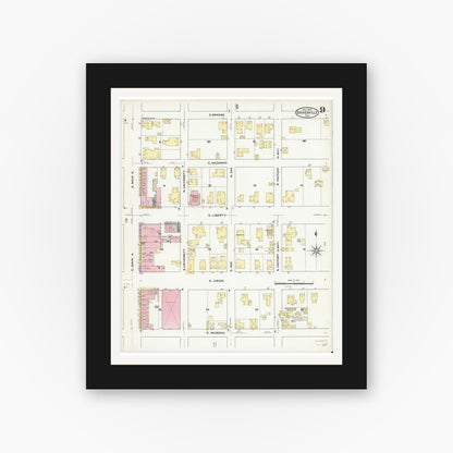 Old map wall art mockup — black gallery frame with white mat — Sanborn Fire Insurance Map from Gainesville, Alachua County, Florida (1909), Sheet #0009