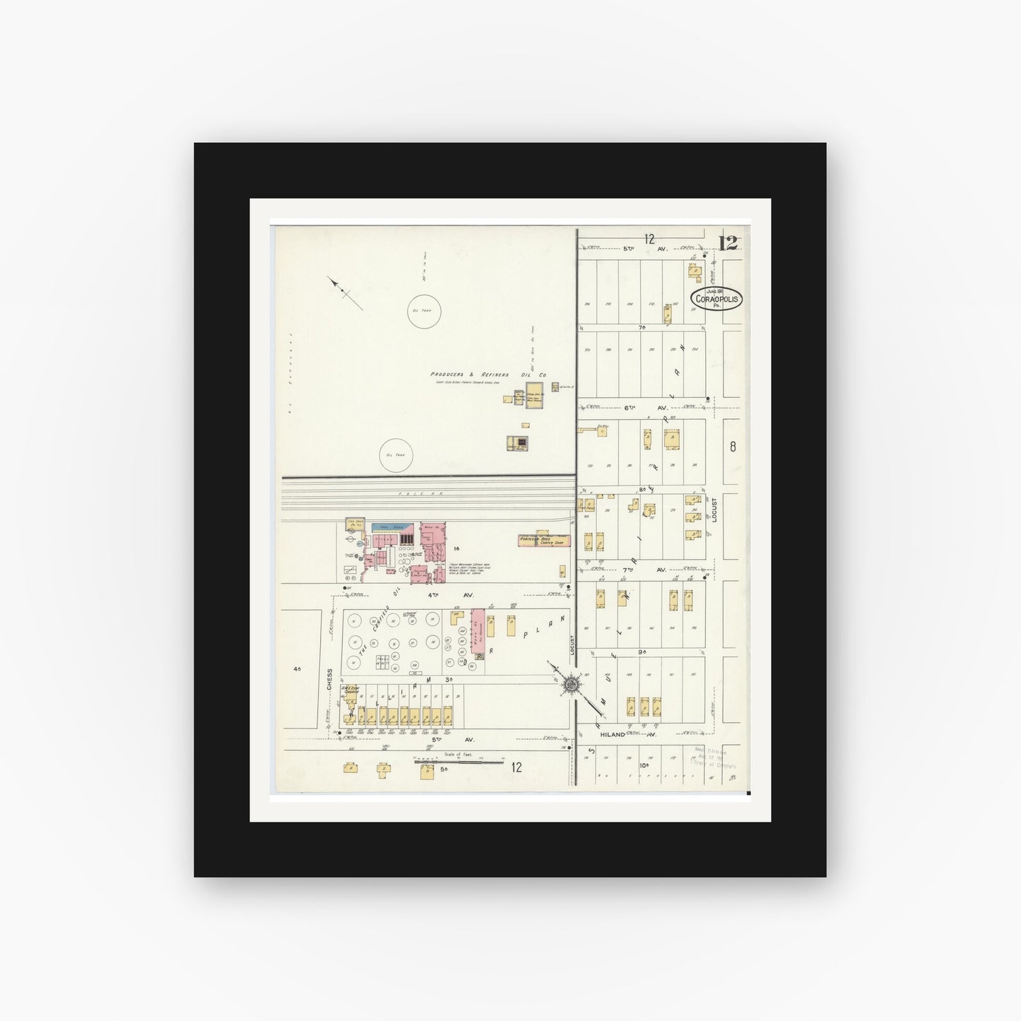 Old map wall art mockup — black gallery frame with white mat — Sanborn Fire Insurance Map from Coraopolis, Allegheny County, Pennsylvania (1911), Sheet #0012