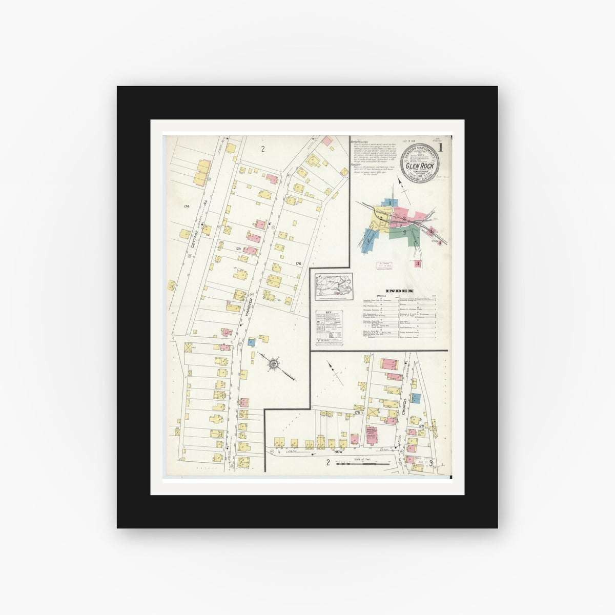 Old map wall art mockup — black gallery frame with white mat — Sanborn Fire Insurance Map from Glen Rock, York County, Pennsylvania (1913) - Complete Map Set