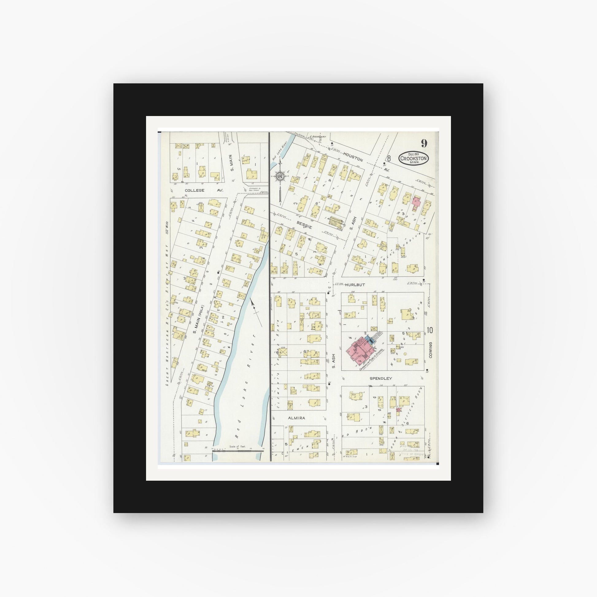 Old map wall art mockup — black gallery frame with white mat — Sanborn Fire Insurance Map from Crookston, Polk County, Minnesota (1913), Sheet #0009