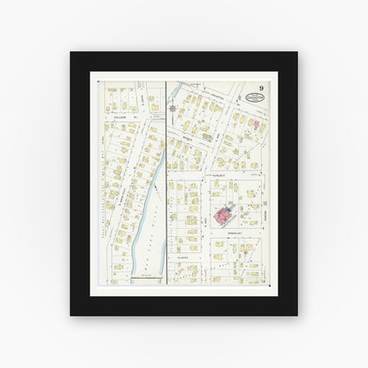 Old map wall art mockup — black gallery frame with white mat — Sanborn Fire Insurance Map from Crookston, Polk County, Minnesota (1913), Sheet #0009