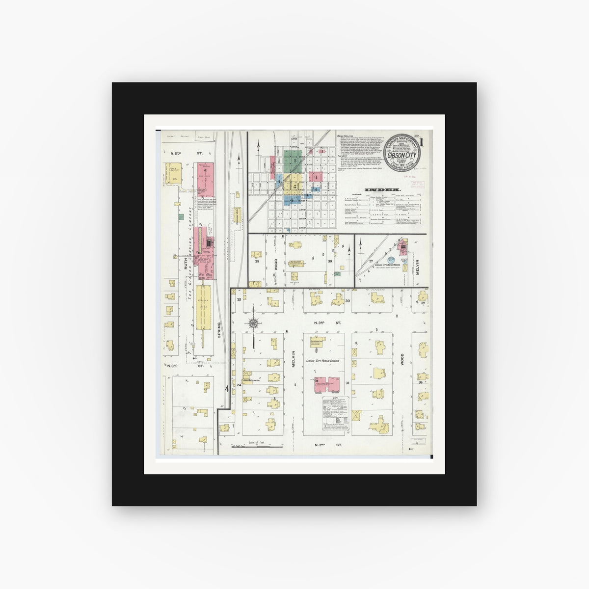 Old map wall art mockup — black gallery frame with white mat — Sanborn Fire Insurance Map from Gibson City, Ford County, Illinois (1910) - Complete Map Set
