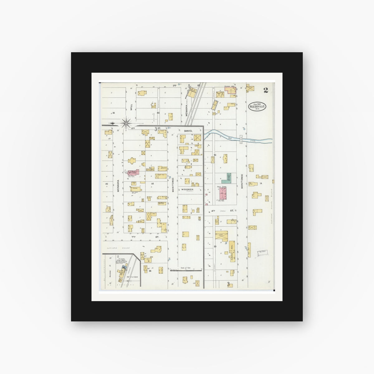 Old map wall art mockup — black gallery frame with white mat — Sanborn Fire Insurance Map from Reedsville, Manitowoc County, Wisconsin (1906), Sheet #0002