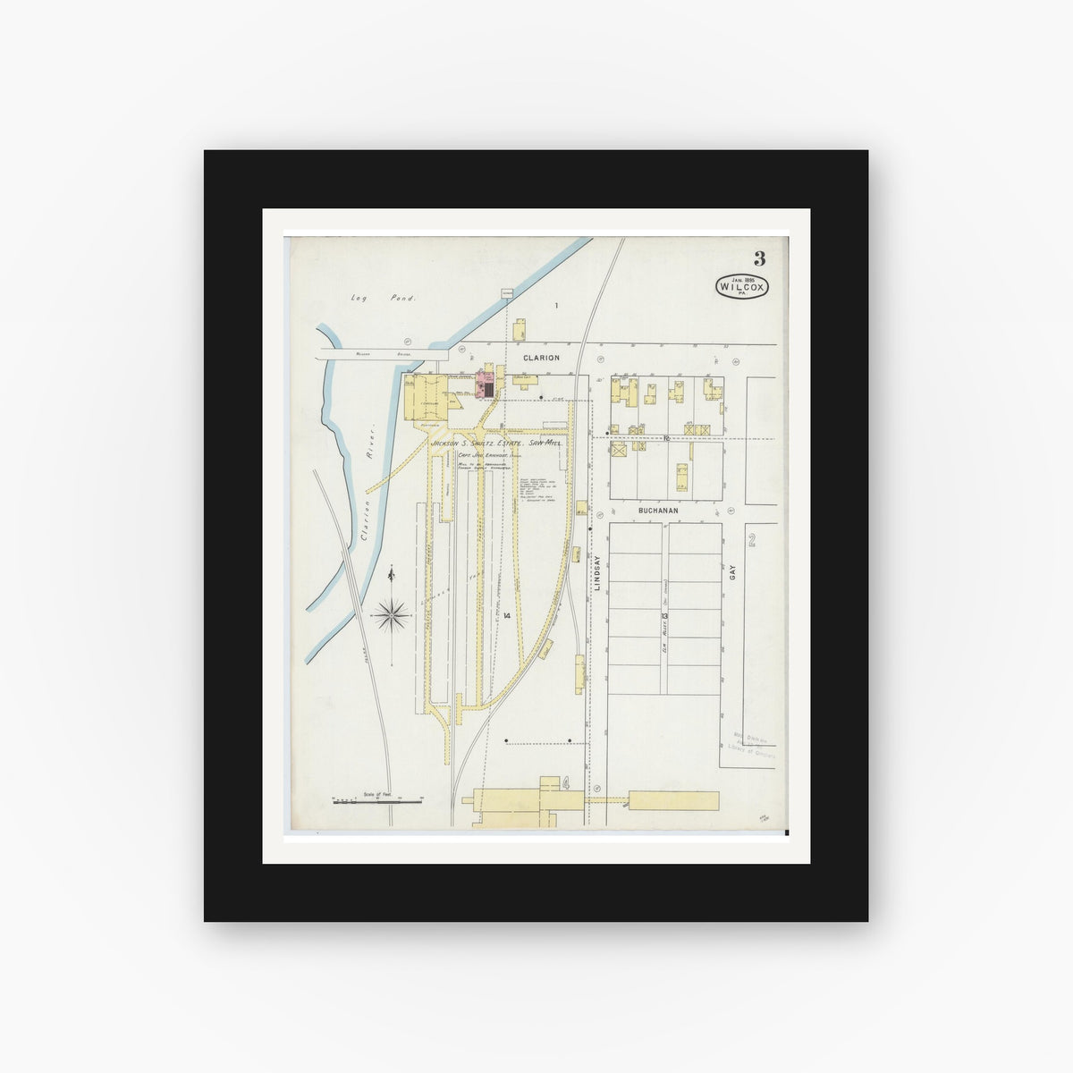 Old map wall art mockup — black gallery frame with white mat — Sanborn Fire Insurance Map from Wilcox, Elk County, Pennsylvania (1895), Sheet #0003