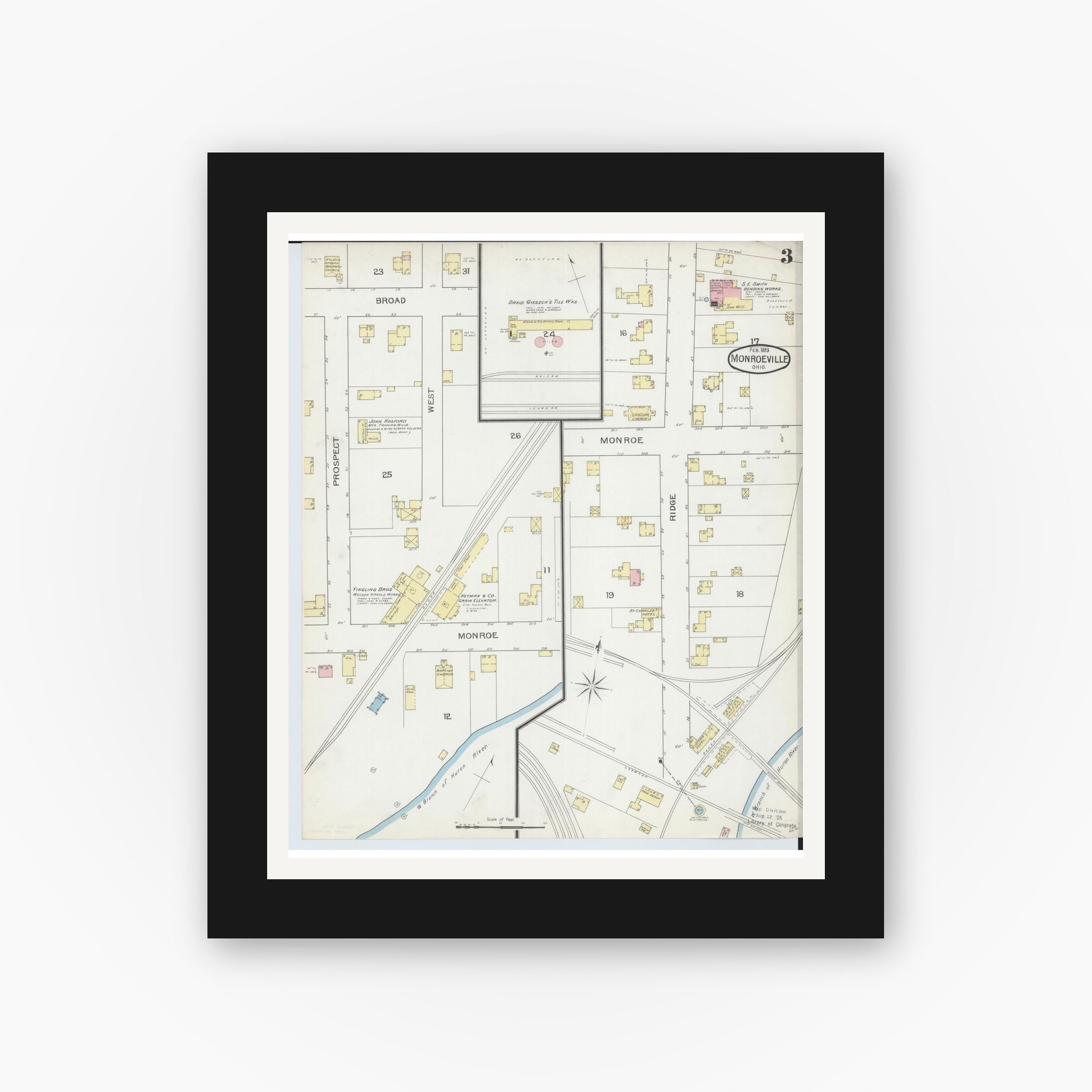 Old map wall art mockup — black gallery frame with white mat — Sanborn Fire Insurance Map from Monroeville, Huron County, Ohio (1893), Sheet #0003