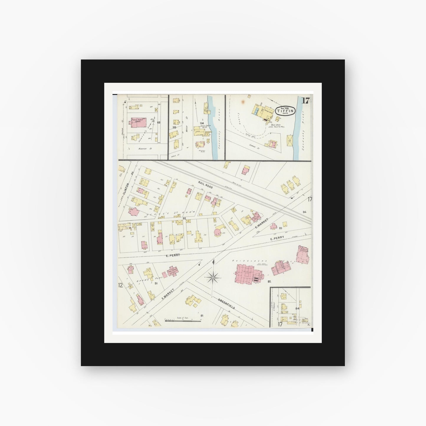 Old map wall art mockup — black gallery frame with white mat — Sanborn Fire Insurance Map from Tiffin, Seneca County, Ohio (1896), Sheet #0017