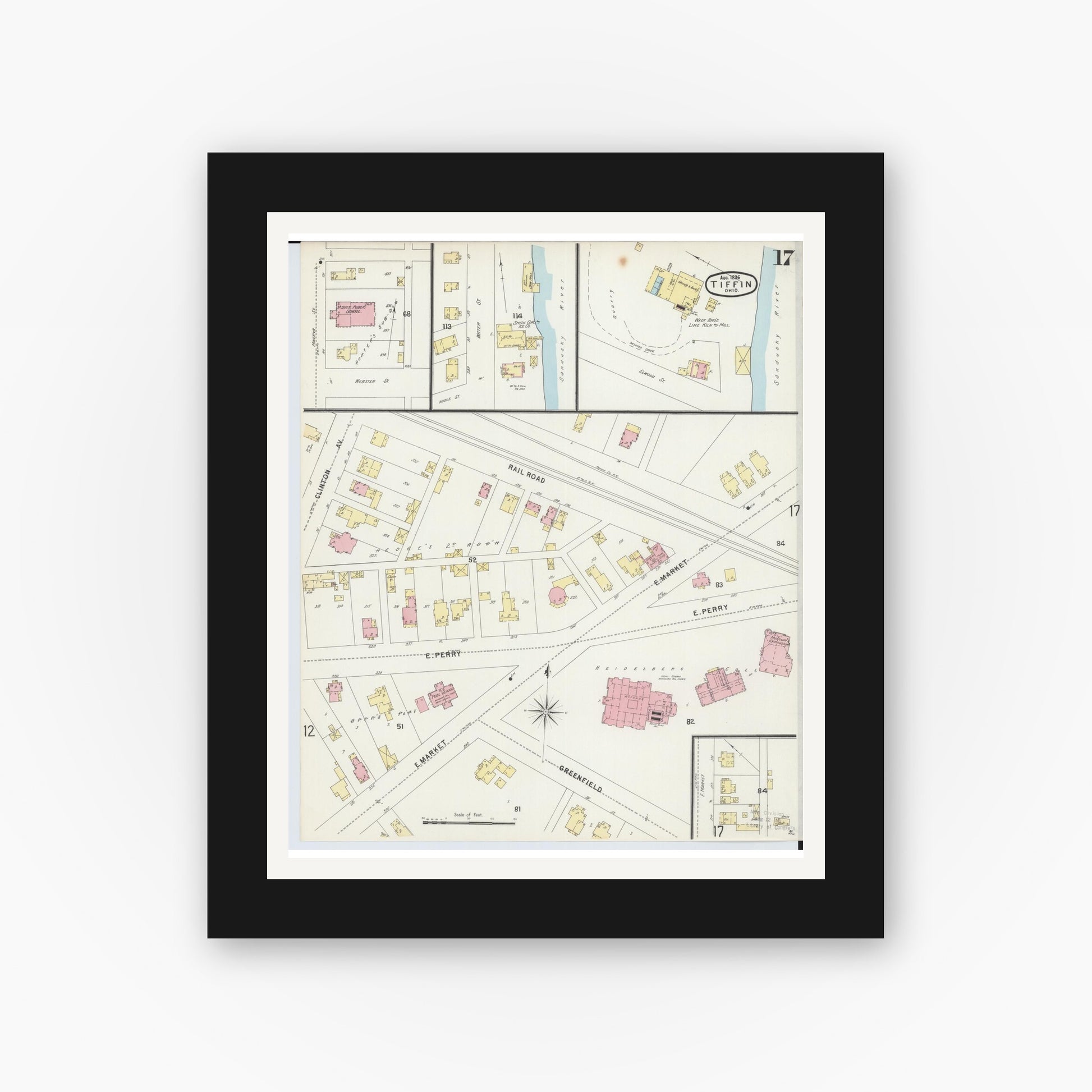 Old map wall art mockup — black gallery frame with white mat — Sanborn Fire Insurance Map from Tiffin, Seneca County, Ohio (1896), Sheet #0017