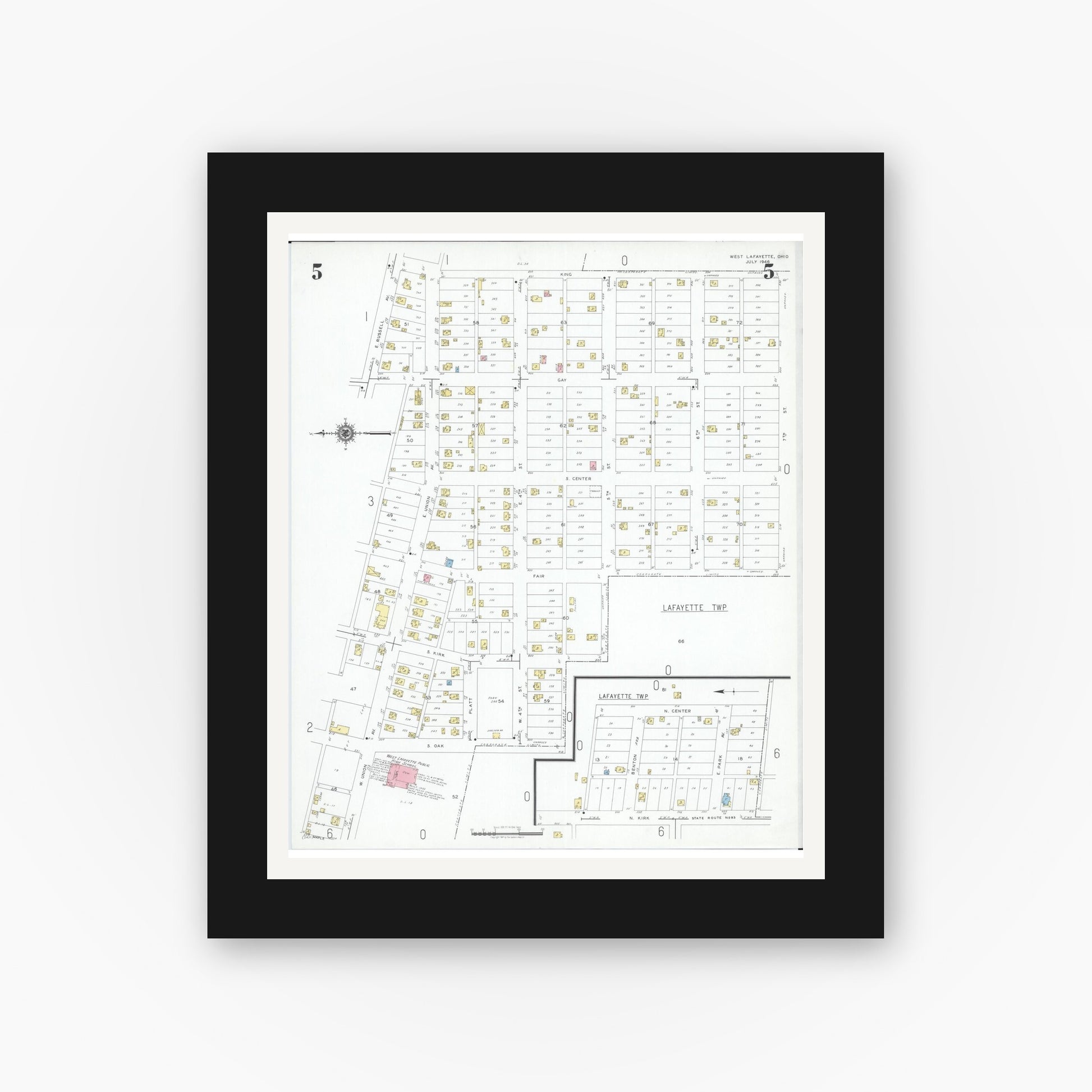 Old map wall art mockup — black gallery frame with white mat — Sanborn Fire Insurance Map from West Lafayette, Coshocton County, Ohio (1946), Sheet #0005