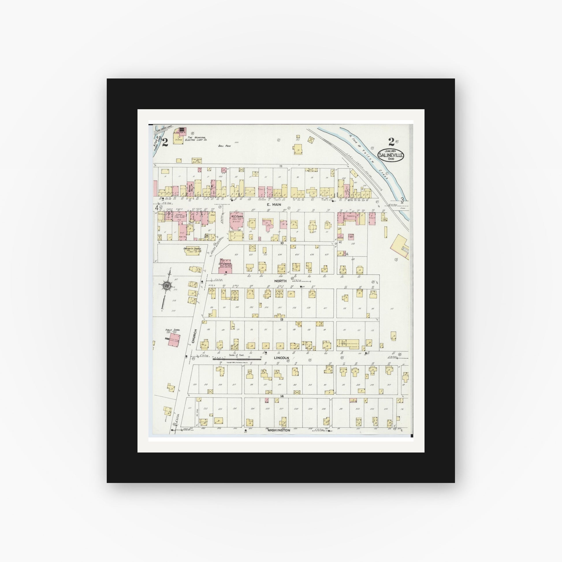 Old map wall art mockup — black gallery frame with white mat — Sanborn Fire Insurance Map from Salineville, Columbiana County, Ohio (1924), Sheet #0002