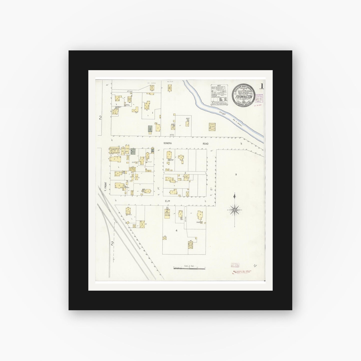 Old map wall art mockup — black gallery frame with white mat — Sanborn Fire Insurance Map from Farmington, San Joaquin County, California (1908) - Complete Map Set