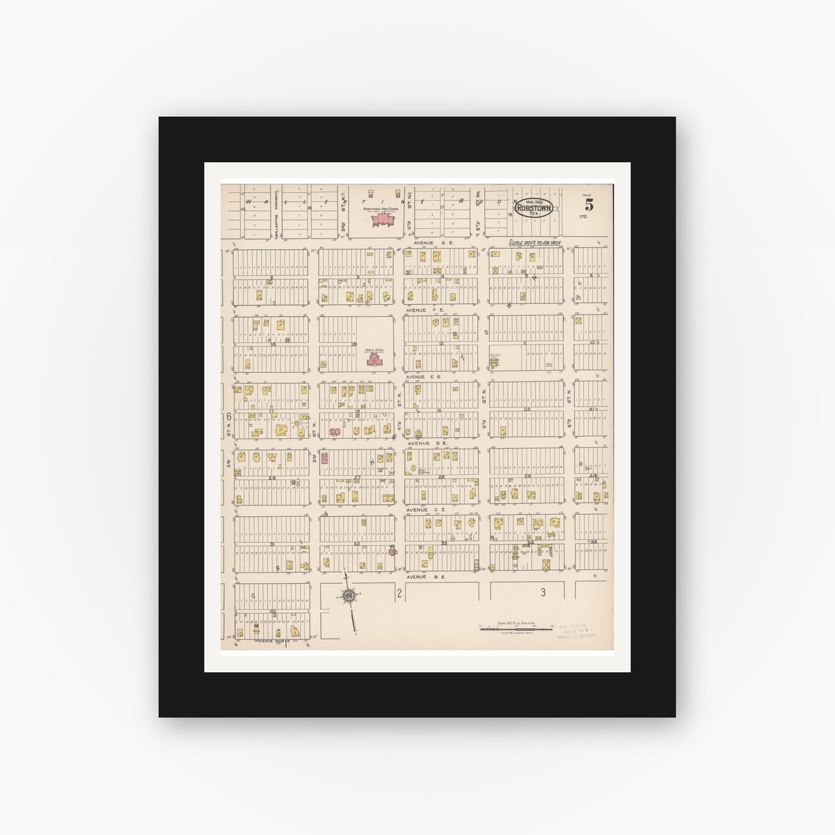Old map wall art mockup — black gallery frame with white mat — Sanborn Fire Insurance Map from Robstown, Nueces County, Texas (1922), Sheet #0005