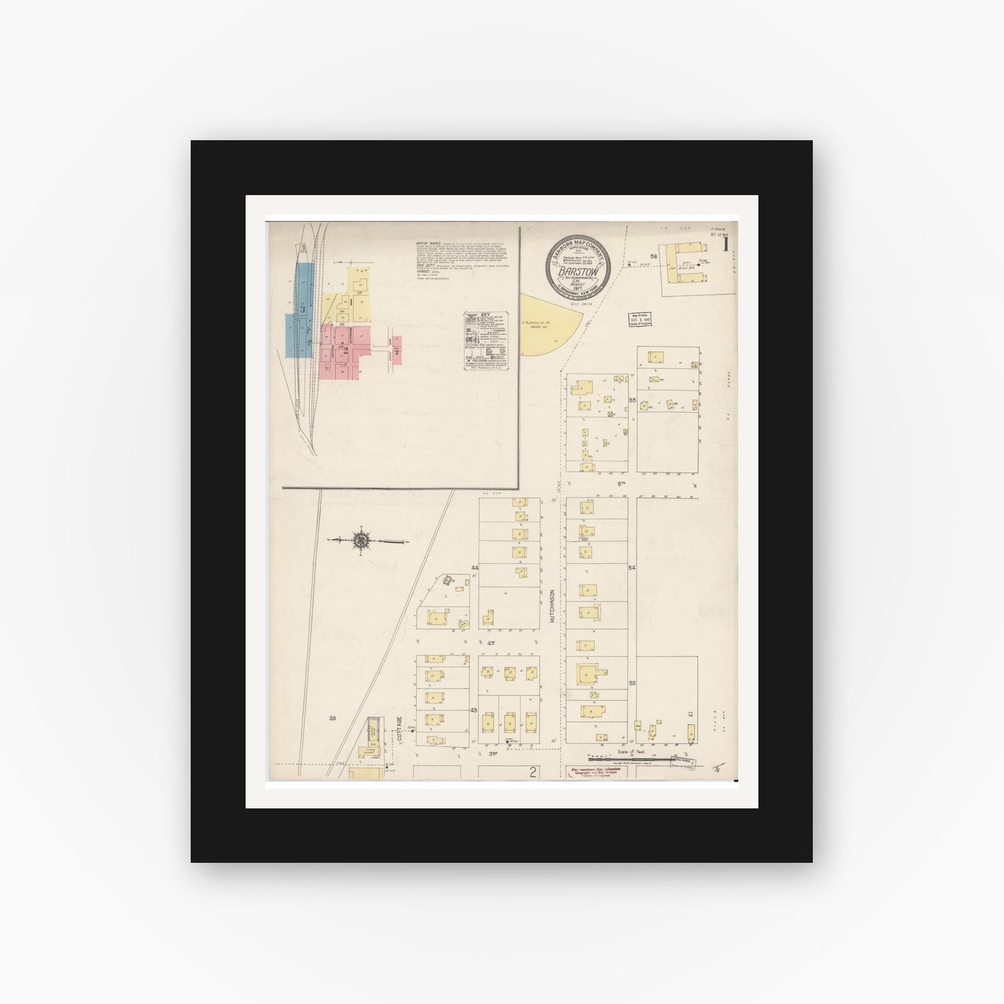 Old map wall art mockup — black gallery frame with white mat — Sanborn Fire Insurance Map from Barstow, San Bernardino County, California (1917), Sheet #0001