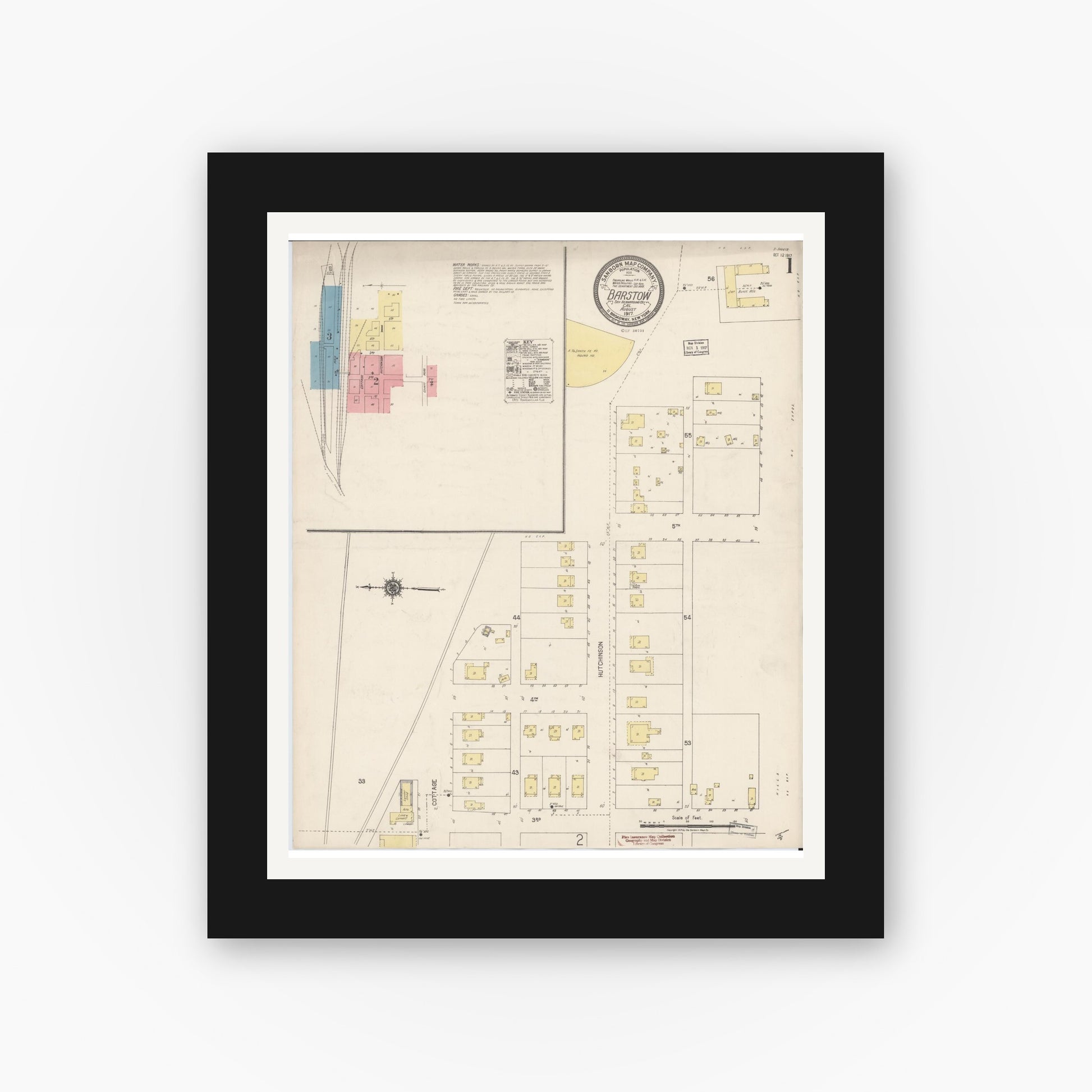 Old map wall art mockup — black gallery frame with white mat — Sanborn Fire Insurance Map from Barstow, San Bernardino County, California (1917), Sheet #0001