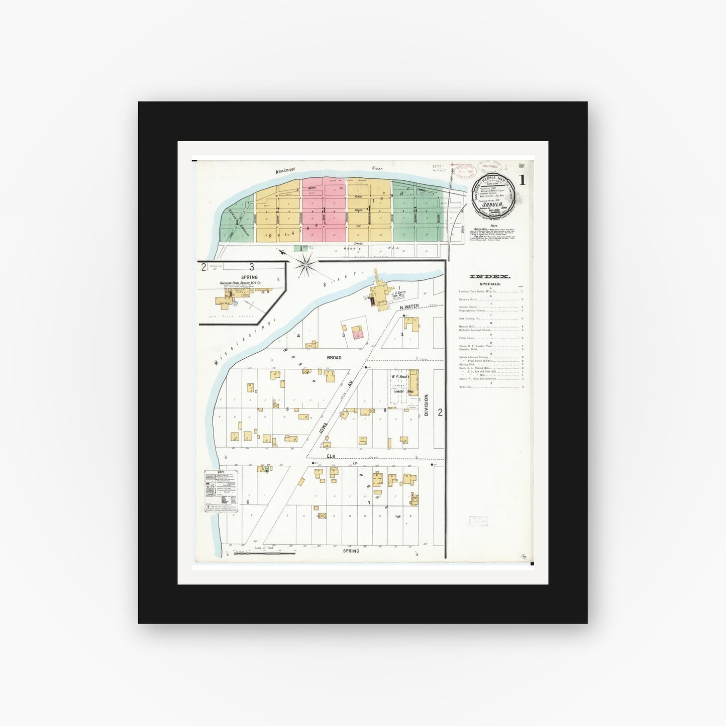 Old map wall art mockup — black gallery frame with white mat — Sanborn Fire Insurance Map from Sabula, Jackson County, Iowa (1899), Sheet #0001